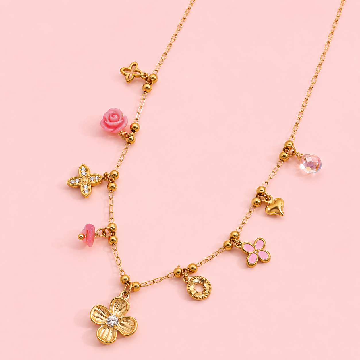 Jasmin - Collier doré charms trèfle serti et mini fleur