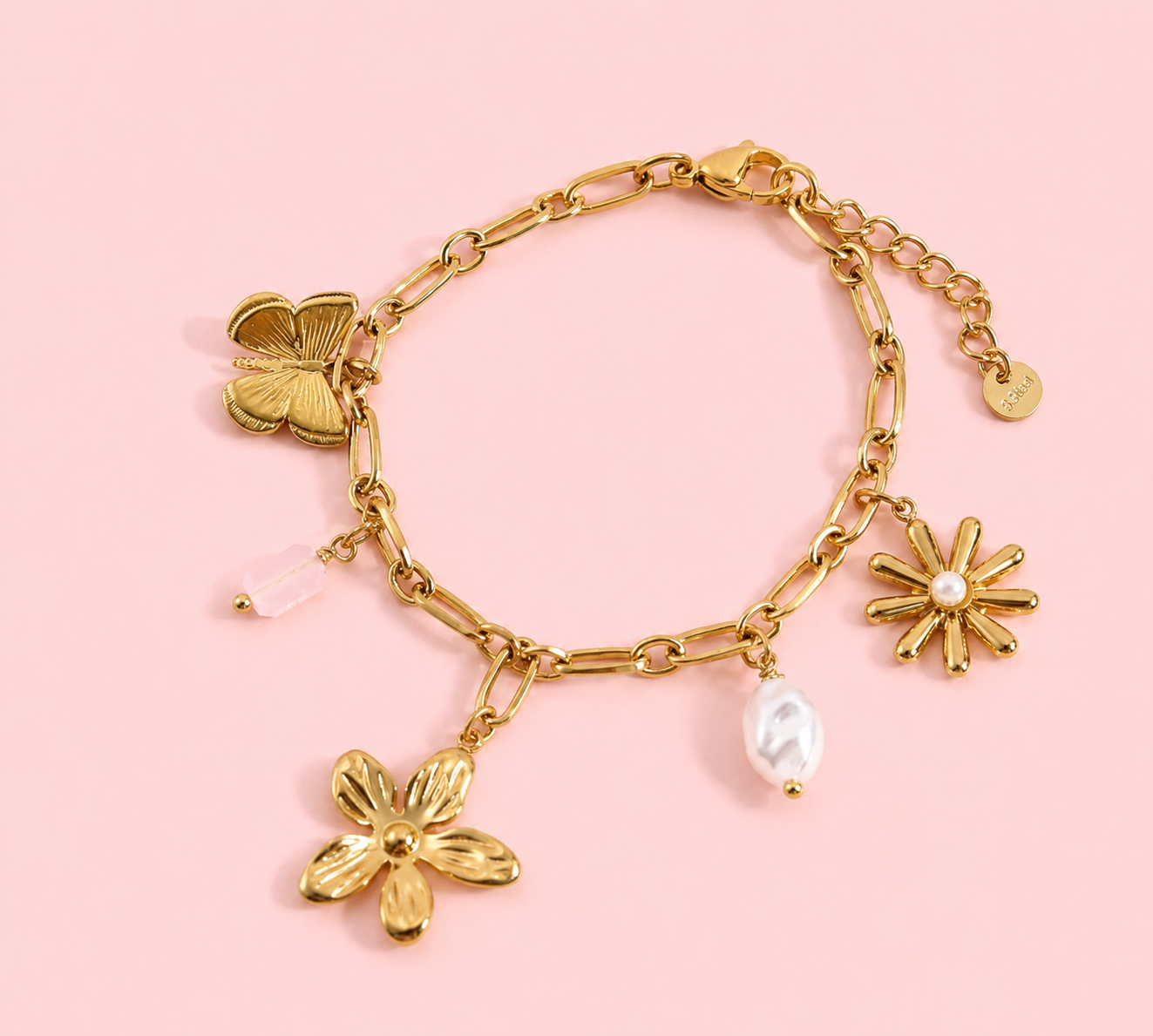 Magnolia - Bracelet doré pendentifs fleurs et résine colorée