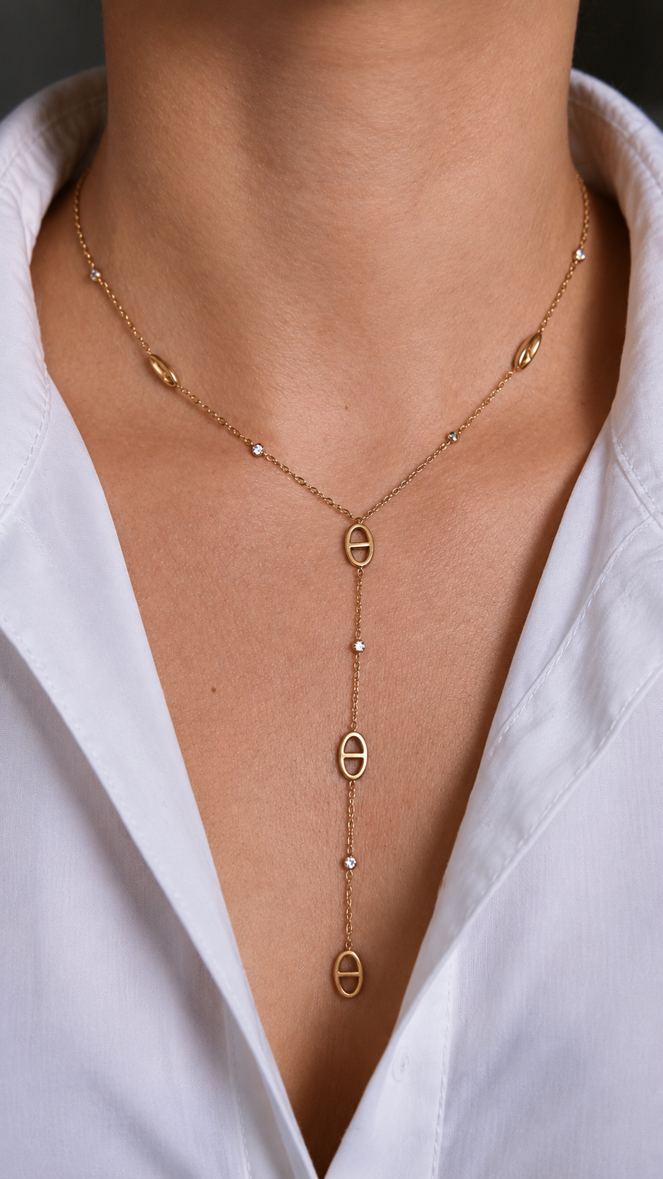 Liora – collier Y doré maille marine & zircon
