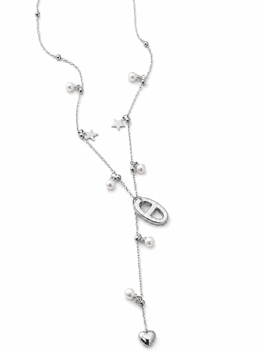 Aélia – collier Y doré perles & pendentif maille marine