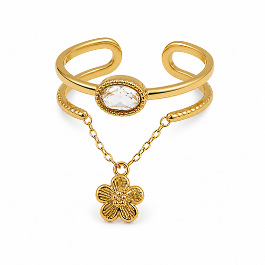 Lyséa – bague ajustable fleur & zircon avec chaîne