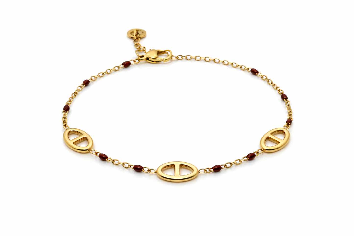 Valéria - bracelet dorés mailles ovales et perles bordeaux