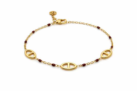 Valéria - bracelet dorés mailles ovales et perles bordeaux