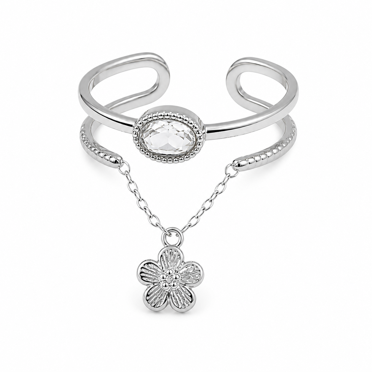Lyséa – bague ajustable fleur & zircon avec chaîne