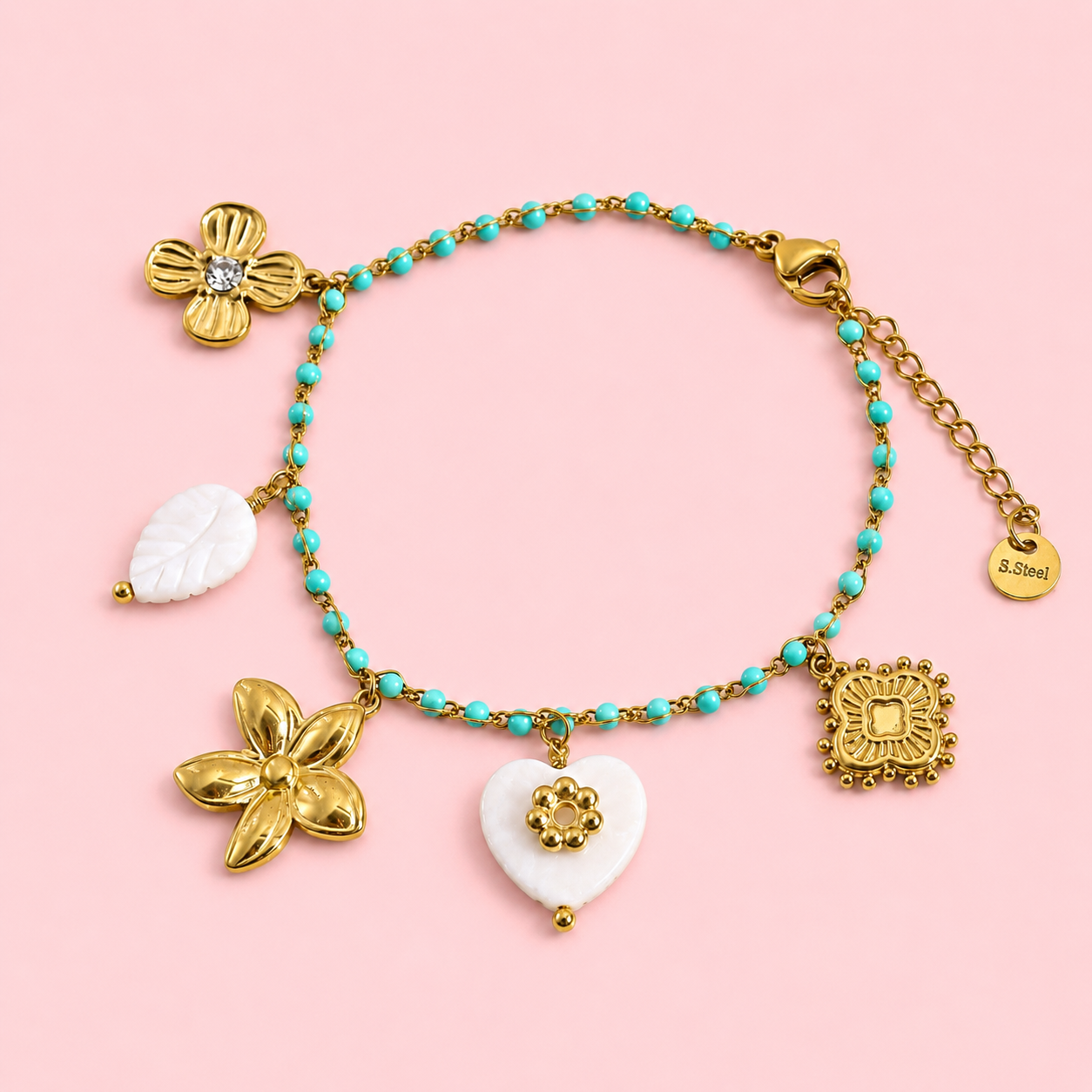 Paloma – Bracelet à perles charms et fleurs et coeur