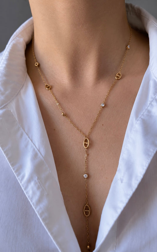Nélia – collier Y maille marine & zircon