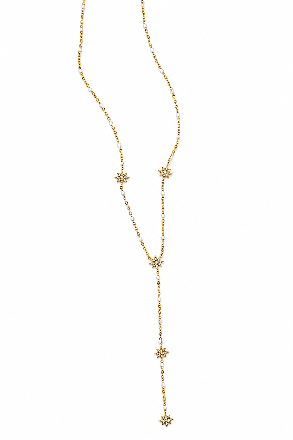 Sélène – collier Y doré perles blanches & motifs zircon