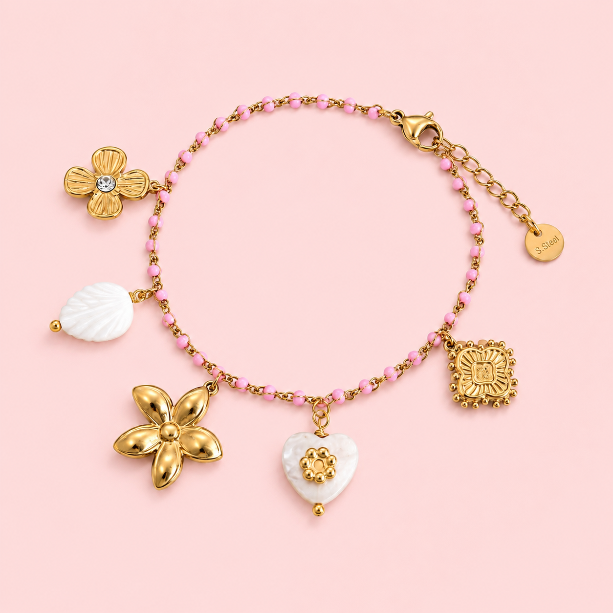 Paloma – Bracelet à perles charms et fleurs et coeur