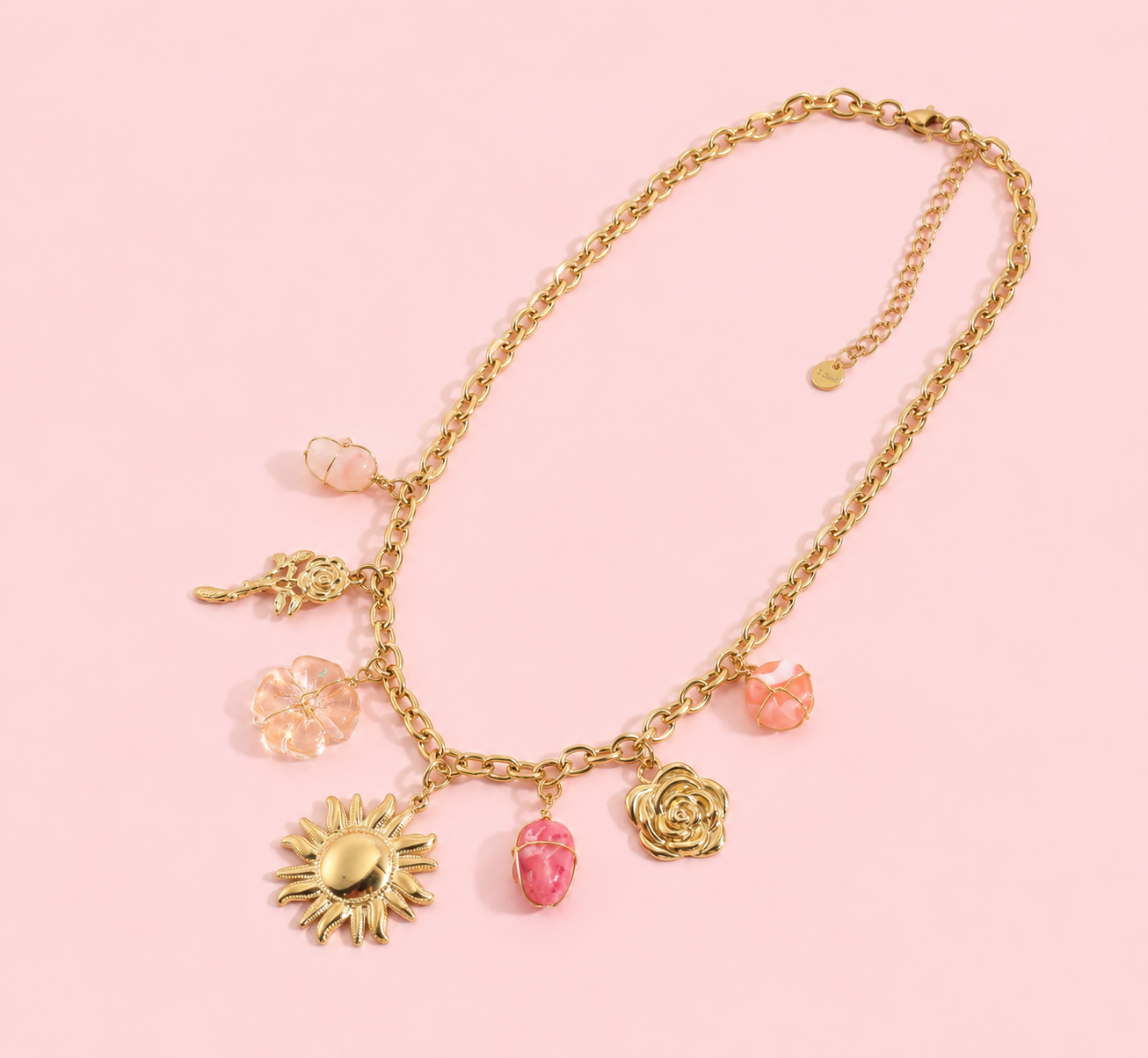 Calypso - Collier doré soleil rayonnant, fleurs et pierres facettées