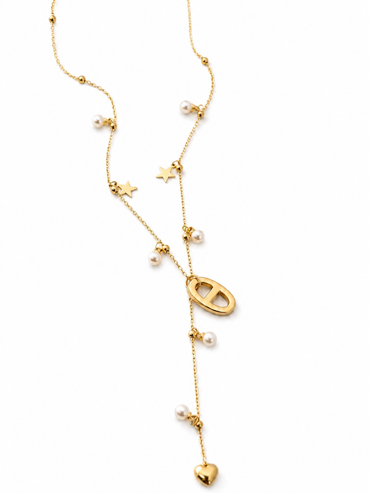 Aélia – collier Y doré perles & pendentif maille marine